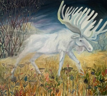 Painting titled ""White moose"" by Olga Beltsova, Original Artwork, Oil Mounted on Wood Stretcher frame