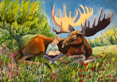 Schilderij getiteld ""Girl and moose"" door Olga Beltsova, Origineel Kunstwerk, Olie