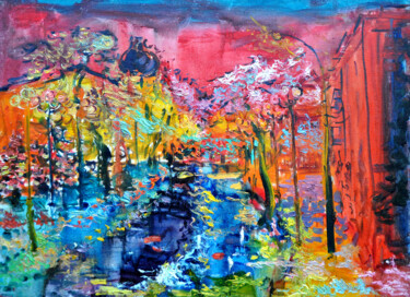 Peinture intitulée "Night lights of the…" par Olga Bezhina, Œuvre d'art originale, Huile Monté sur Châssis en bois