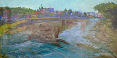 Painting titled "River bank" by Olga Bezhina, Original Artwork, Oil Mounted on Wood Stretcher frame