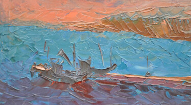 Painting titled "Pier with ships" by Olga Bezhina, Original Artwork, Oil Mounted on Wood Stretcher frame
