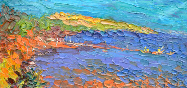 Painting titled "Morning. Embankment" by Olga Bezhina, Original Artwork, Oil Mounted on Wood Stretcher frame