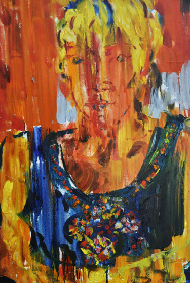 Painting titled "Girl on an orange b…" by Olga Bezhina, Original Artwork, Oil Mounted on Wood Stretcher frame