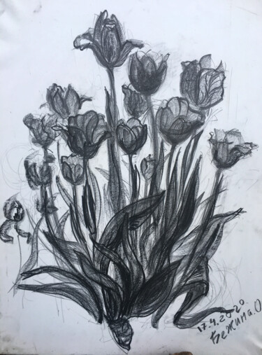 Drawing titled "Drawing  tulips" by Olga Bezhina, Original Artwork, Graphite Mounted on Wood Stretcher frame