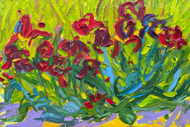 Painting titled "Red tulips" by Olga Bezhina, Original Artwork, Oil Mounted on Wood Stretcher frame