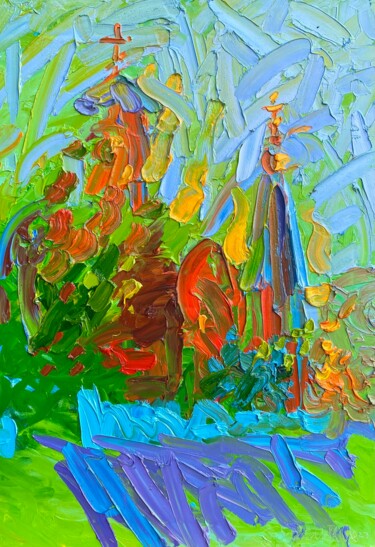 Painting titled "Church of the Archa…" by Olga Bezhina, Original Artwork, Oil Mounted on Wood Stretcher frame