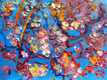 Painting titled "The flowering branch" by Olga Bezhina, Original Artwork, Oil Mounted on Wood Stretcher frame