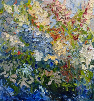 Painting titled "Cherry blossoms" by Olga Bezhina, Original Artwork, Oil Mounted on Wood Stretcher frame