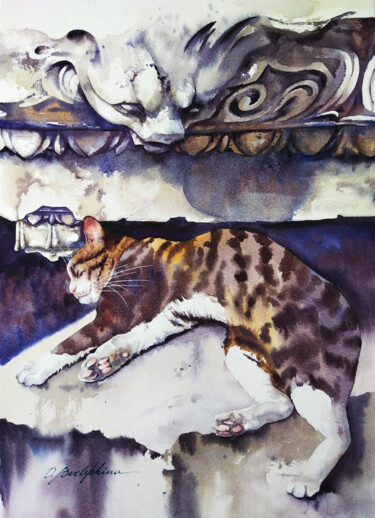 Malerei mit dem Titel "Ephesus cat #1" von Olga Bezlepkina, Original-Kunstwerk, Aquarell