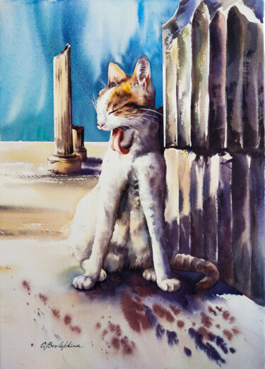 Painting titled "Ephesus cat #2" by Olga Bezlepkina, Original Artwork, Watercolor