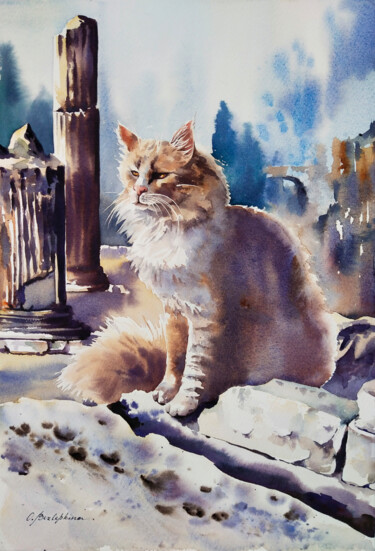 Painting titled "Ephesus cat #4" by Olga Bezlepkina, Original Artwork, Watercolor