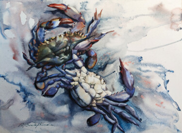 Painting titled "Blue crabs" by Olga Bezlepkina, Original Artwork, Watercolor