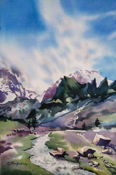 Painting titled "River from the ridg…" by Olga Bezlepkina, Original Artwork, Watercolor