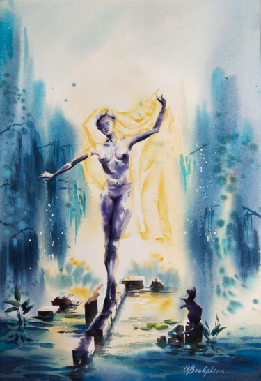 Картина под названием "Girl walking on a l…" - Olga Bezlepkina, Подлинное произведение искусства, Акварель