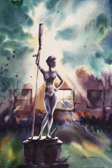 Painting titled "Girl with an oar #0…" by Olga Bezlepkina, Original Artwork, Watercolor