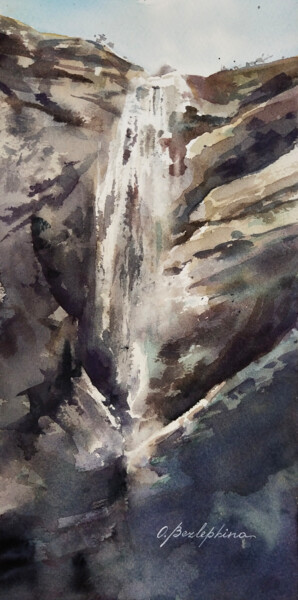 Malerei mit dem Titel "Irganay. Waterfall…" von Olga Bezlepkina, Original-Kunstwerk, Aquarell