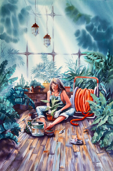 Schilderij getiteld "Botanical garden fa…" door Olga Bezlepkina, Origineel Kunstwerk, Aquarel