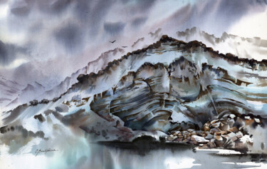 Painting titled "Shkhelda glacier 02" by Olga Bezlepkina, Original Artwork, Watercolor