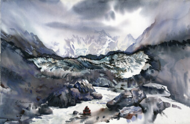 Malerei mit dem Titel "Shkhelda glacier 03" von Olga Bezlepkina, Original-Kunstwerk, Aquarell