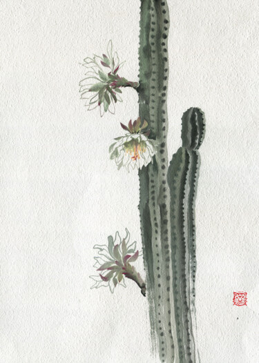 Schilderij getiteld "Cactus in bloom #01" door Olga Bezlepkina, Origineel Kunstwerk, Inkt