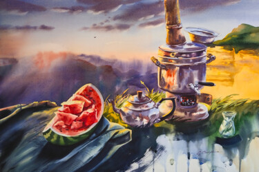 Malerei mit dem Titel "Sunset tea on Light…" von Olga Bezlepkina, Original-Kunstwerk, Aquarell