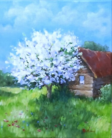 Malerei mit dem Titel "Blühender Baum, Frü…" von Olga Billmaier, Original-Kunstwerk, Öl Auf Keilrahmen aus Holz montiert