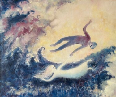 Картина под названием "The sky and the moon" - Olga Biriuk, Подлинное произведение искусства, Масло Установлен на Деревянная…