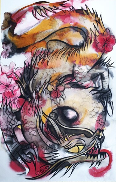 Malerei mit dem Titel "Japanese Dragon" von Olga Brink, Original-Kunstwerk, Aquarell