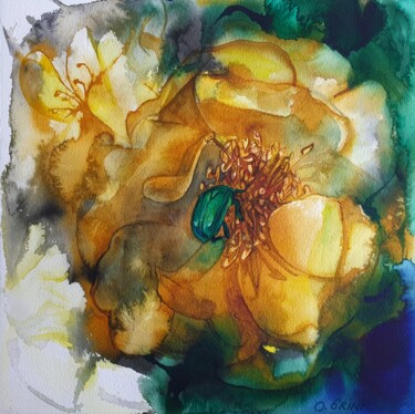 Malarstwo zatytułowany „Beetle & Roses” autorstwa Olga Brink, Oryginalna praca, Akwarela
