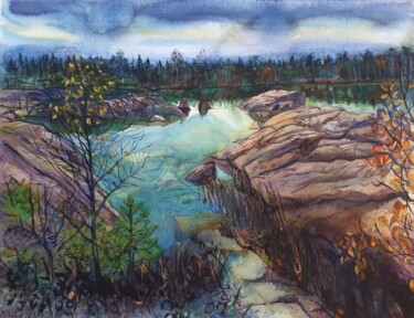 Pintura intitulada "Troll Lake" por Olga Brink, Obras de arte originais, Aquarela