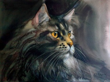Painting titled "Maine Coon Cat" by Olga Brink, Original Artwork, Watercolor