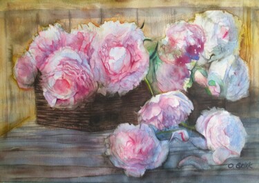 Painting titled "Peonies" by Olga Brink, Original Artwork, Watercolor