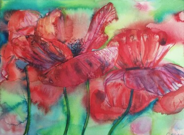 Pintura titulada "Red Poppy" por Olga Brink, Obra de arte original, Acuarela