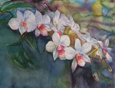 Malerei mit dem Titel "White Orchids" von Olga Brink, Original-Kunstwerk, Aquarell