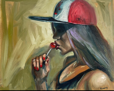 Картина под названием "Девушка с чупа-чупс…" - Olga Bronskikh, Подлинное произведение искусства, Масло Установлен на Деревян…