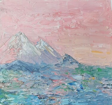 Картина под названием "Пики гор в розовых…" - Ольга Чекурова, Подлинное произведение искусства, Масло
