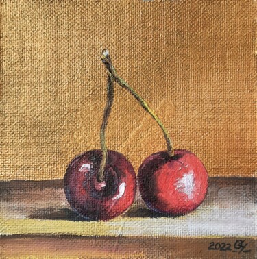 Painting titled "Две вишенки на золо…" by Olga Chekurova, Original Artwork, Oil