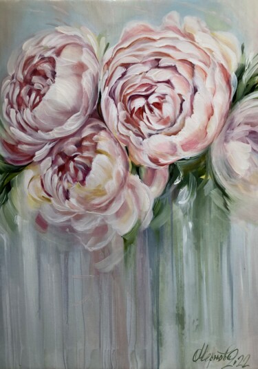 Painting titled "«Peonies. After the…" by Olga Chernova, Original Artwork, Oil Mounted on Wood Stretcher frame