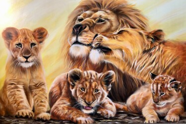 Painting titled "«Shaggy family»" by Olga Chernova, Original Artwork, Oil Mounted on Wood Stretcher frame