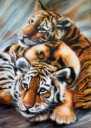Painting titled "«Tiger stories. Spr…" by Olga Chernova, Original Artwork, Oil Mounted on Wood Stretcher frame