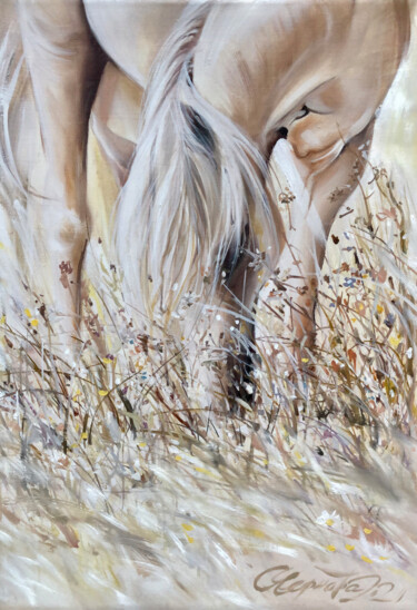 Картина под названием "«White horse. Morni…" - Olga Chernova, Подлинное произведение искусства, Масло Установлен на Деревянн…