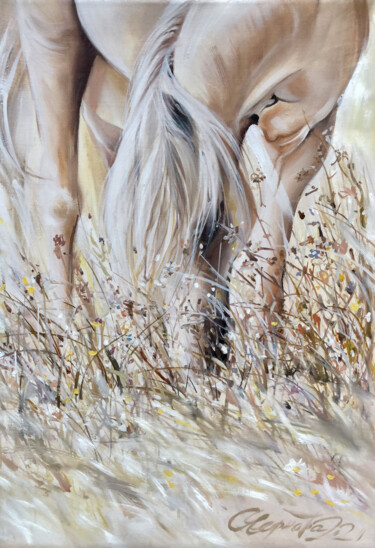 Pintura titulada "«White horse. Morni…" por Olga Chernova, Obra de arte original, Oleo Montado en Bastidor de camilla de mad…