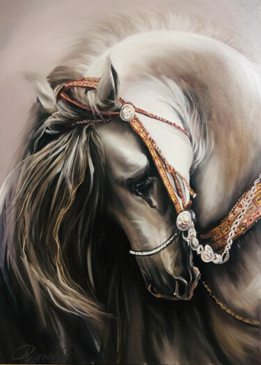 Painting titled "«BEAUTIFUL HORSE»" by Olga Chernova, Original Artwork, Oil Mounted on Wood Stretcher frame
