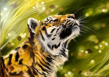 Painting titled "«Features of tiger…" by Olga Chernova, Original Artwork, Oil Mounted on Wood Stretcher frame