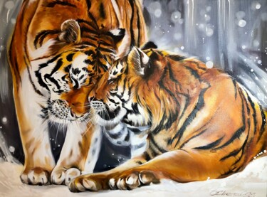 Painting titled "«Tigers. Near you»" by Olga Chernova, Original Artwork, Oil Mounted on Wood Stretcher frame