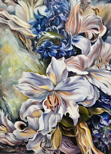 Painting titled "«Flicker of lilies»" by Olga Chernova, Original Artwork, Oil Mounted on Wood Stretcher frame