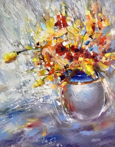 Картина под названием "«Yellow tulips»" - Olga Chernova, Подлинное произведение искусства, Масло Установлен на Деревянная ра…