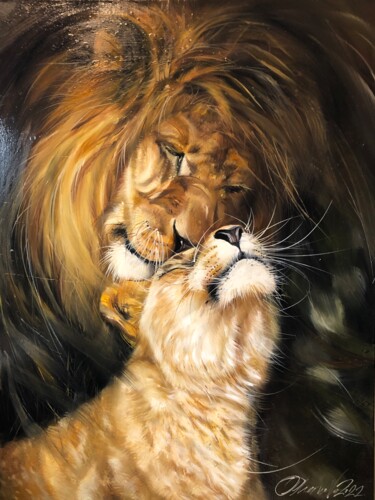Painting titled "LIONS. TENDERNESS" by Olga Chernova, Original Artwork, Oil Mounted on Wood Stretcher frame