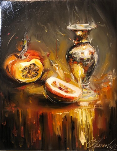 Painting titled "«Still life with pu…" by Olga Chernova, Original Artwork, Oil Mounted on Wood Stretcher frame