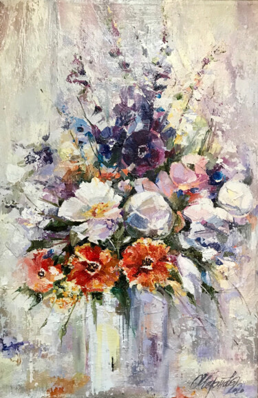 Painting titled "Marshmallow bouquet" by Olga Chernova, Original Artwork, Oil Mounted on Wood Stretcher frame